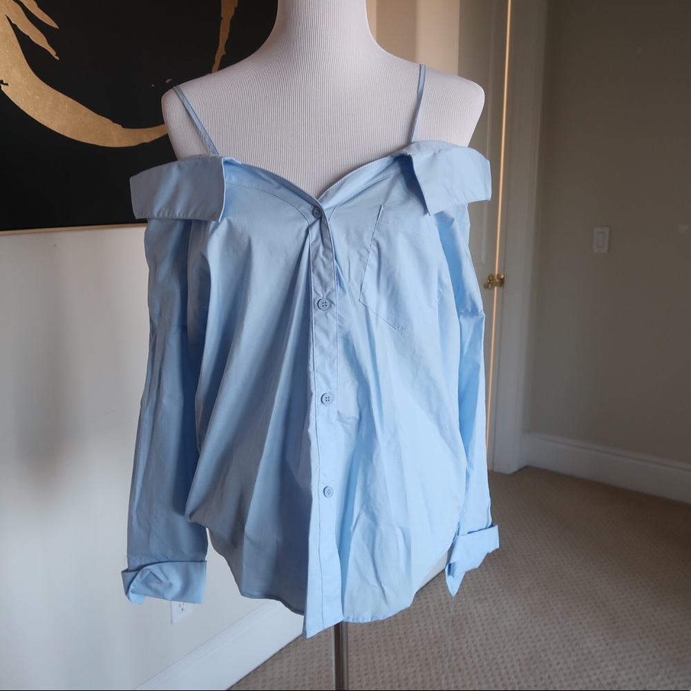 Blue off-shoulder button up collar long sleeve top